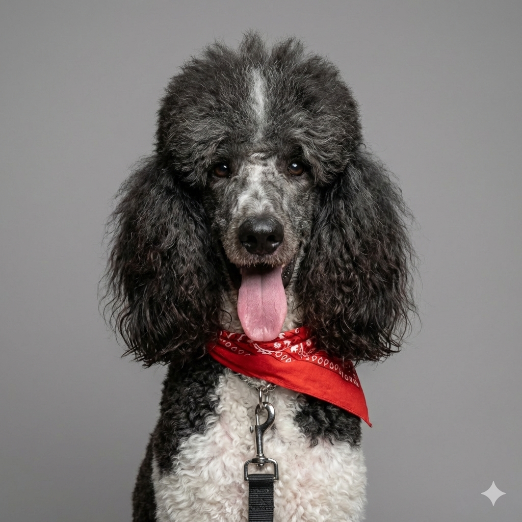 Gonzo, a black-and-white Standard Poodle with a Miami cut